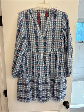 Mudpie Blue Gingham Embroidered Tiered Mini Dress
